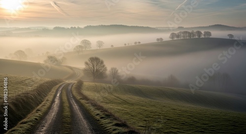 Rolling hills landscape with a road and atmospheric fog during sunrise