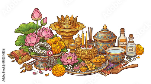 Traditional Thai Buddhist offering with flowers and incense