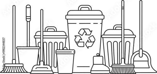Cleaning tools, janitorial equipment, brooms, mops, trash cans, recycling bins, vector icons