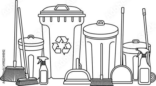 Cleaning tools, trash cans, recycling bin, brooms, mops, vector illustration