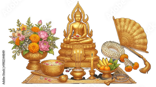Buddha statue with offerings and decorations on altar for worship