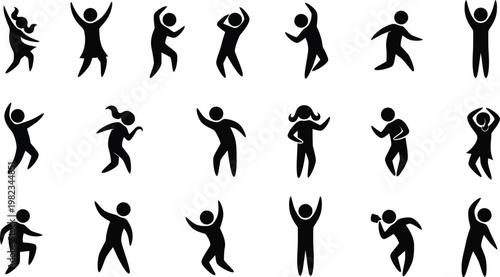 Diverse silhouettes of people joyfully raising arms in celebration and movement depicting freedom and energy