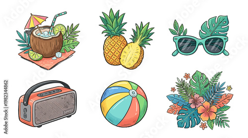 Summer vacation icons beach tropical elements