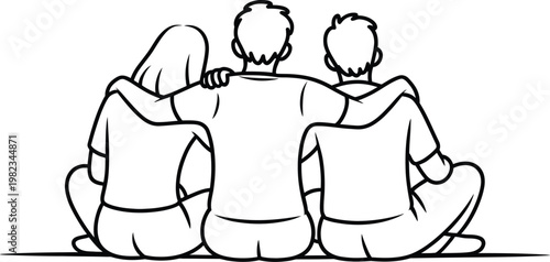 Vector illustration of three friends sitting together, back view, line art style, friendship concept, people icons