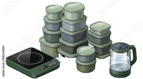 Collapsible food storage containers and portable induction cooker with pitcher