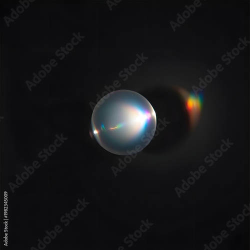 Glowing, ethereal sphere suspended in darkness, catching and refracting light to produce a subtle rainbow lens flare, creating a mystical atmosphere.