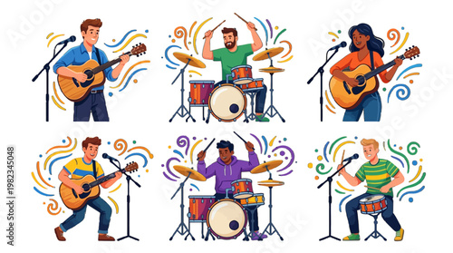 Music band cartoon illustration set with musicians playing guitar and drums