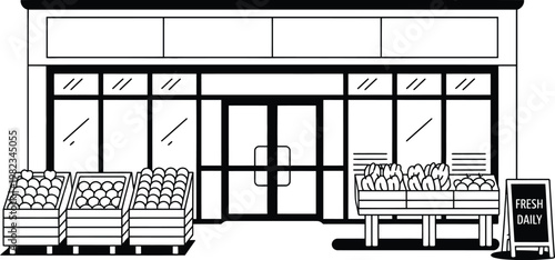 Black and white storefront vector, grocery store illustration, shopping cart display, retail facade design