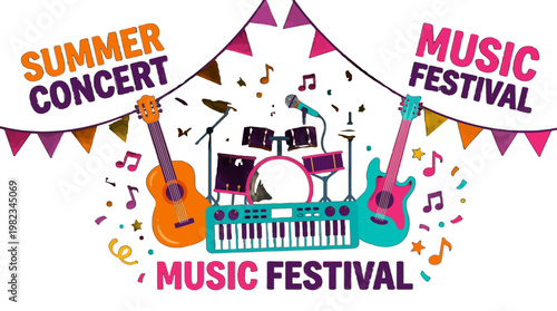 Summer concert music festival colorful illustration with instruments