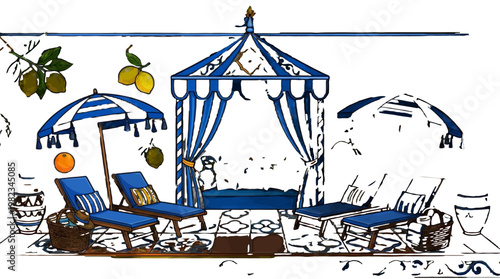 Blue and white beach lounge with canopy and umbrellas