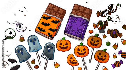 Halloween candy and sweets illustration with ghosts pumpkins