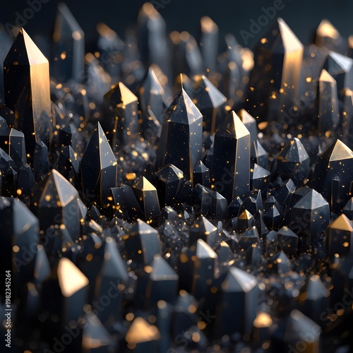 Mesmerizing abstract image displays dark, sharp, geometric crystals shimmering with countless tiny golden particles and sparkling.