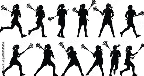 Female lacrosse players silhouettes collection with sticks in various action poses like running and shooting for sports team training posters.