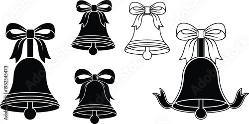 Set of Christmas bell silhouettes with ribbons, black and white holiday icons, wedding bells collection, decorative winter celebration elements, isolated.