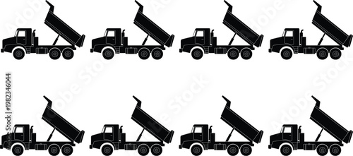 Set of eight black dump truck silhouettes with raised tipper beds for construction, mining, industrial logistics, and heavy machinery design projects