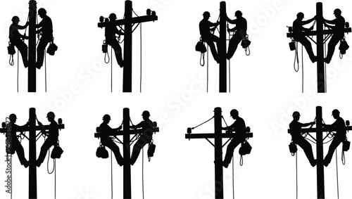 Set of electrician lineworker silhouettes climbing utility poles for electrical power line maintenance and repair service industrial building site vector design
