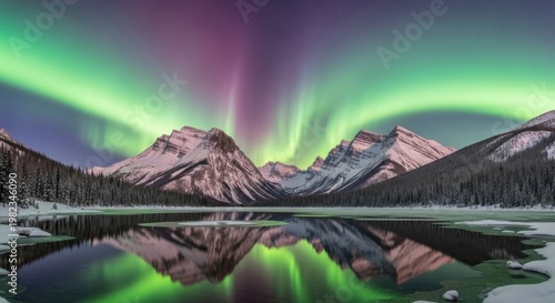Stunning aurora borealis displaying over snow capped mountains and reflecting on lake