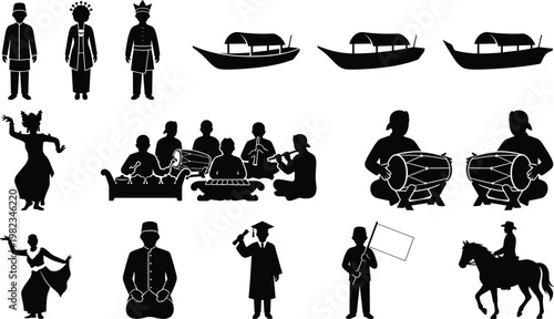 Set of Indonesian cultural icons featuring traditional dancers musicians playing gamelan wooden boats people in ethnic dress graduation student and horse rider silhouettes