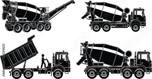 Set of heavy construction vehicle silhouettes including concrete mixer trucks with chutes and a dump truck with a raised tipper bed