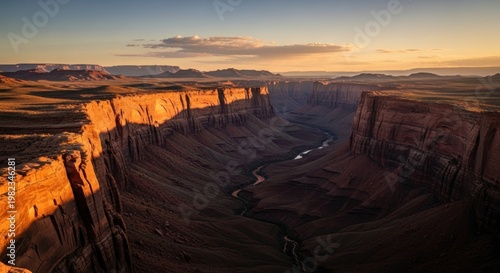 Dramatic canyon landscape at sunset with warm light and vast horizons