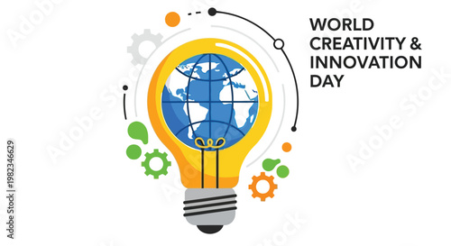 World creativity innovation day concept with a glowing lightbulb and globe