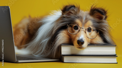Cute shetland sheepdog wearing round glasses resting head on books near laptop on bright yellow studio background with soft light and detailed fur texture. Education and study concept