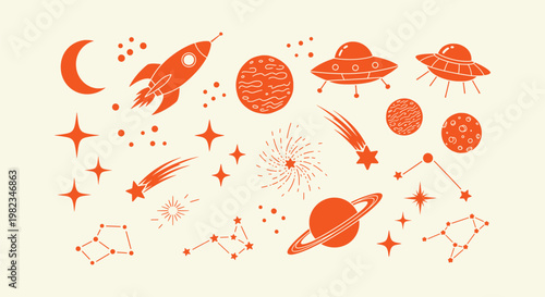 Retro hand drawn space element set with planets rockets stars and constellations in orange color