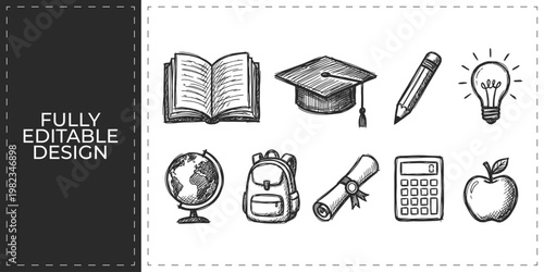 Education and Back to School Doodle Vector Icon Set with Book Graduation Cap Globe Backpack and Microscope for Academic Learning University and Student Concepts