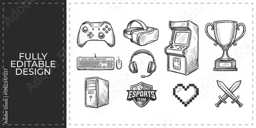 Video Gaming and Esports Hand Drawn Vector Icon Collection with Gamepad Controller Arcade Console Trophy and Headset for Gamer Streamer and Entertainment Concepts