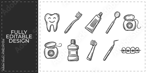 Dental Care and Dentistry Hand Drawn Vector Icon Collection with Tooth Toothbrush Toothpaste Floss and Mirror for Dentist Clinic and Oral Hygiene Health Concept Illustrations