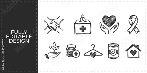 Charity Donation and Volunteer Care Doodle Vector Icon Set Featuring Hands Holding Heart First Aid Ribbon and Donation Box for Non Profit Organization and Support Designs