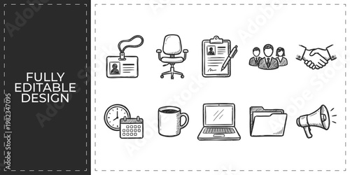 Corporate Office and Workplace Hand Drawn Vector Icon Collection with Desk Chair ID Card Laptop and Meeting Elements for Business Environment and Teamwork Concepts