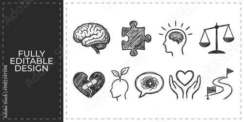 Mental Health and Psychology Doodle Vector Icon Set Featuring Brain Puzzle Head with Gears and Broken Heart for Therapy Mindset and Emotional Well Being Concept Designs
