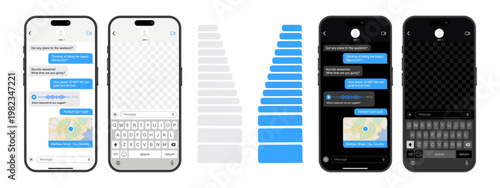 Mobile Chat UI Mockup Vector Set – Smartphone Messaging App Screens with Keyboard, Live GPS Sharing, Voice Messages, Light and Dark Mode Conversation Templates