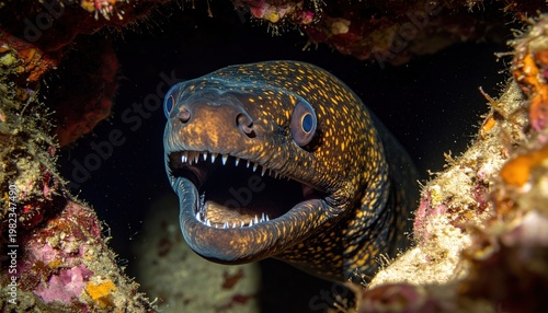 Eel Emerging from Coral Reef Cavity.