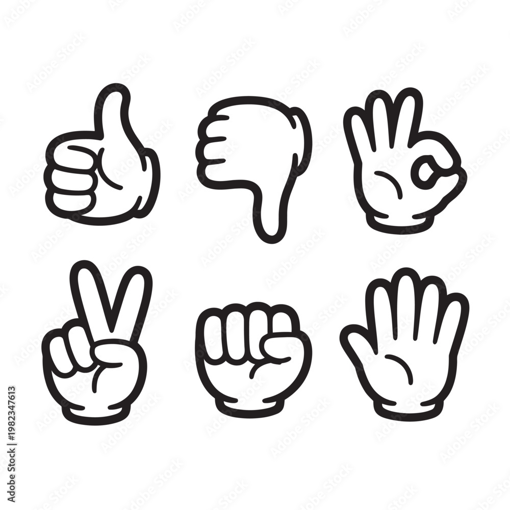 Fototapeta premium Cartoon hand gestures collection including thumbs up and victory sign.