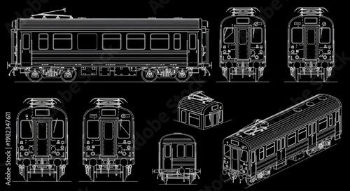 Modern Train Blueprint Vector – Multiview Railway Car Technical Drawing White Outline on Black Background