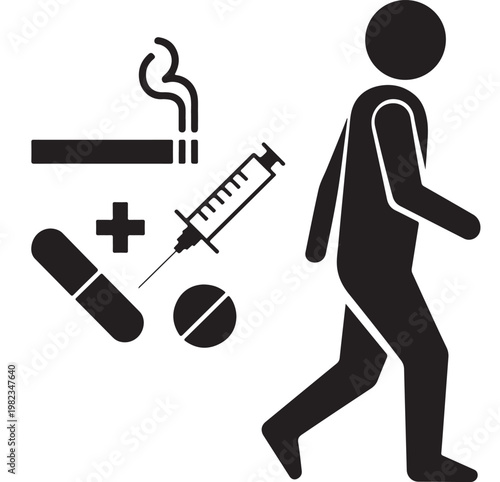 Healthy Lifestyle Concept, Person Running Away from Drugs and Cigarettes Vector