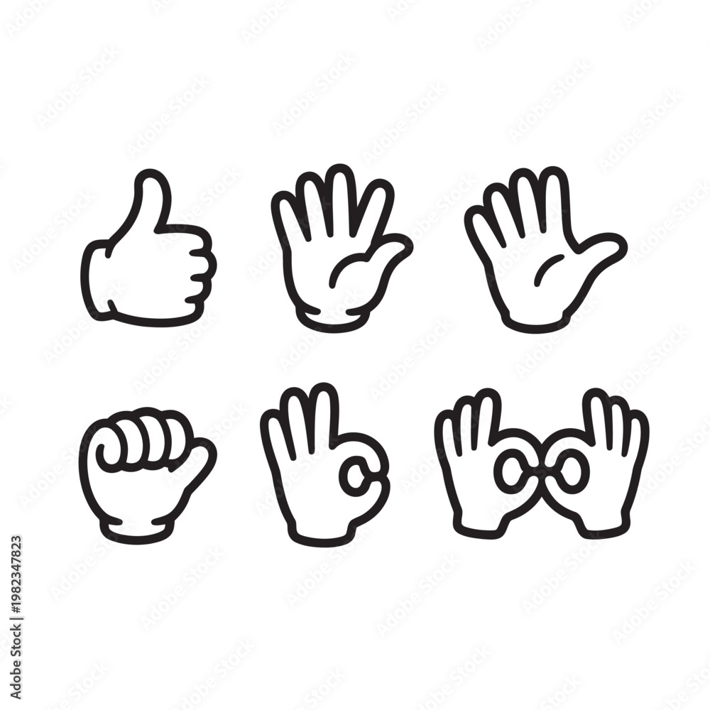 Fototapeta premium Set of minimalist cartoon hand icons featuring palm and double okay.