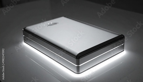 External Hard Drive on Dark Surface.