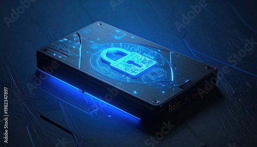 External Hard Drive with Glowing Blue Light.