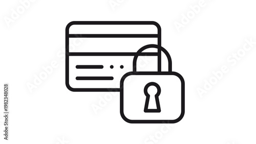 Secure payment vector icon illustration featuring a credit card with a padlock symbol, representing financial security, safe online transactions, and data protection in a minimalist black style.