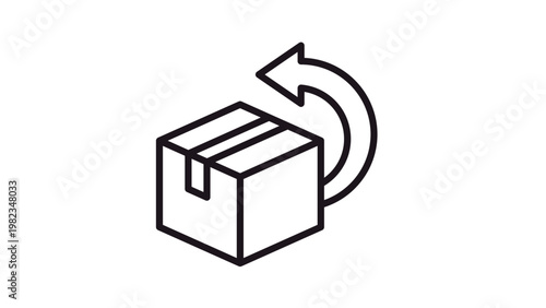 Return package vector icon illustration. Black line symbol of a cardboard box with a curved back arrow representing product exchange, refund policy, and shipping logistics for e-commerce.