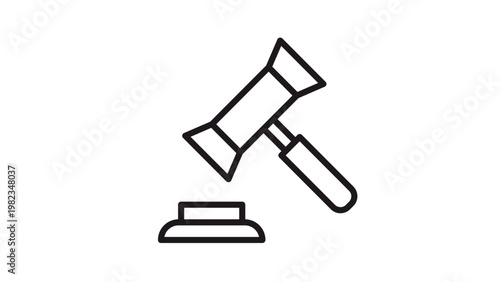 Minimalist black line art vector icon of a judge's gavel and sound block, representing law, justice, court authority, legal system, auction bidding, and final decisions, scalable illustration.
