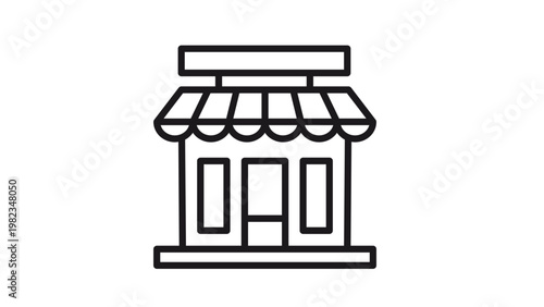 Minimalist black line vector icon of a storefront or shop building with a striped awning, display windows, a door, and a sign on top, isolated on white for retail and commerce graphic design.
