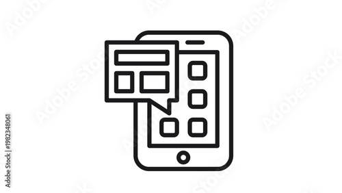 Minimalist black line vector icon of a smartphone with a news notification or message bubble popping out, representing mobile news apps, digital communication, and social media alerts.