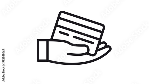 Minimalist black vector icon illustration of a human hand holding a credit card or debit card, representing electronic payment, banking services, financial transactions, and secure commerce.