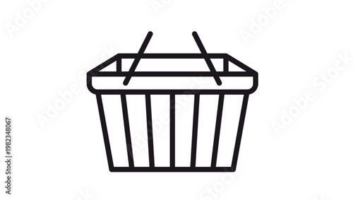 Black minimalist shopping basket vector icon illustration for retail, e-commerce, and grocery store concepts. Clean line art symbol of a supermarket hand basket with handles on white background.