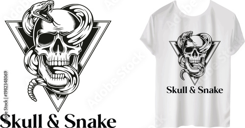 skull and snake tattoo style graphic design vectore