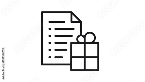 Minimalist black line vector icon illustration of a gift wishlist or registry document with a present box, symbol for shopping lists, holiday planning, and gift ideas on white background.